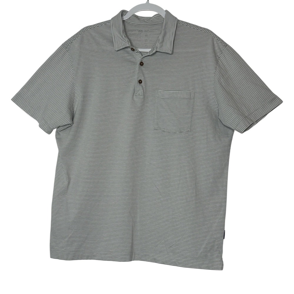 Patagonia Polo Shirt Men Large Gray Short Sleeve Striped Collared Cotton Outdoor